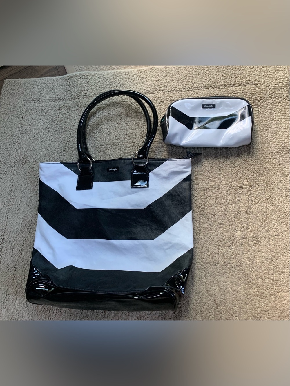 Philosophy Black and White Chevron Tote with Cosmetic Pouch